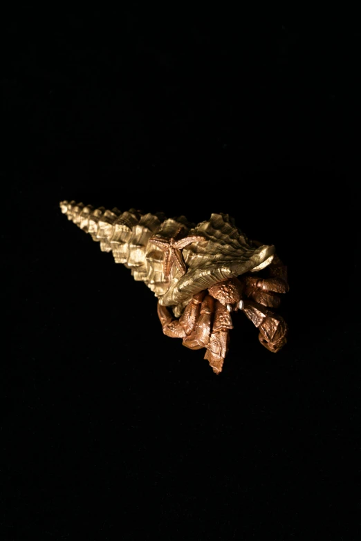 some gold metal items sitting on a dark surface