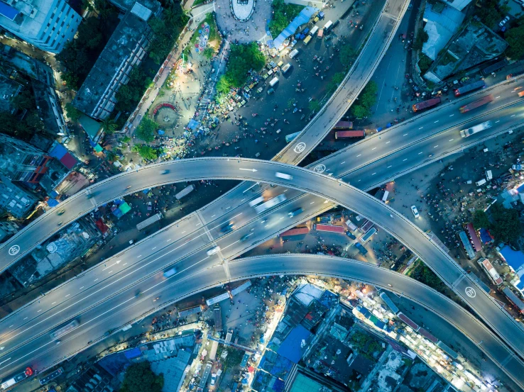 overhead view of three roads and streets