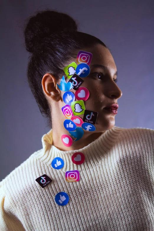 a woman is posing for a po wearing ons on her face