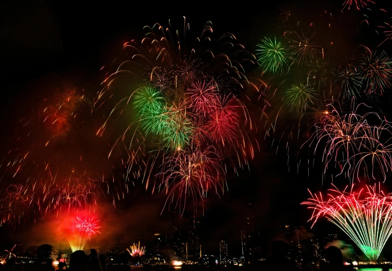 several colorful fireworks lit up the sky above the city
