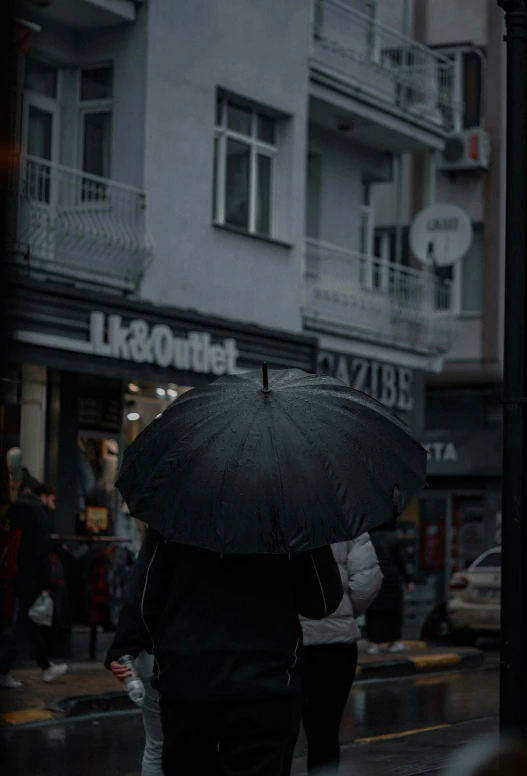 person with umbrella walking along side a building on street