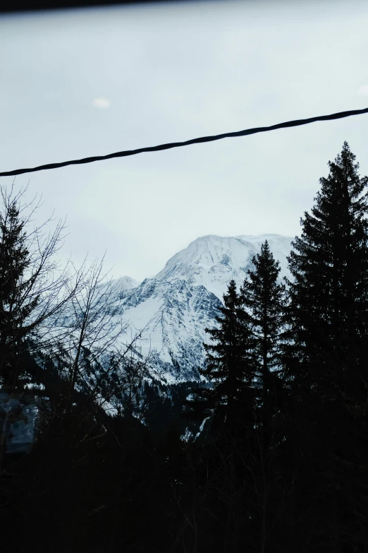 a snowy mountain behind some trees