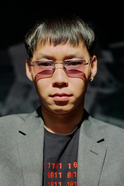 a close up of a person wearing glasses with a jacket