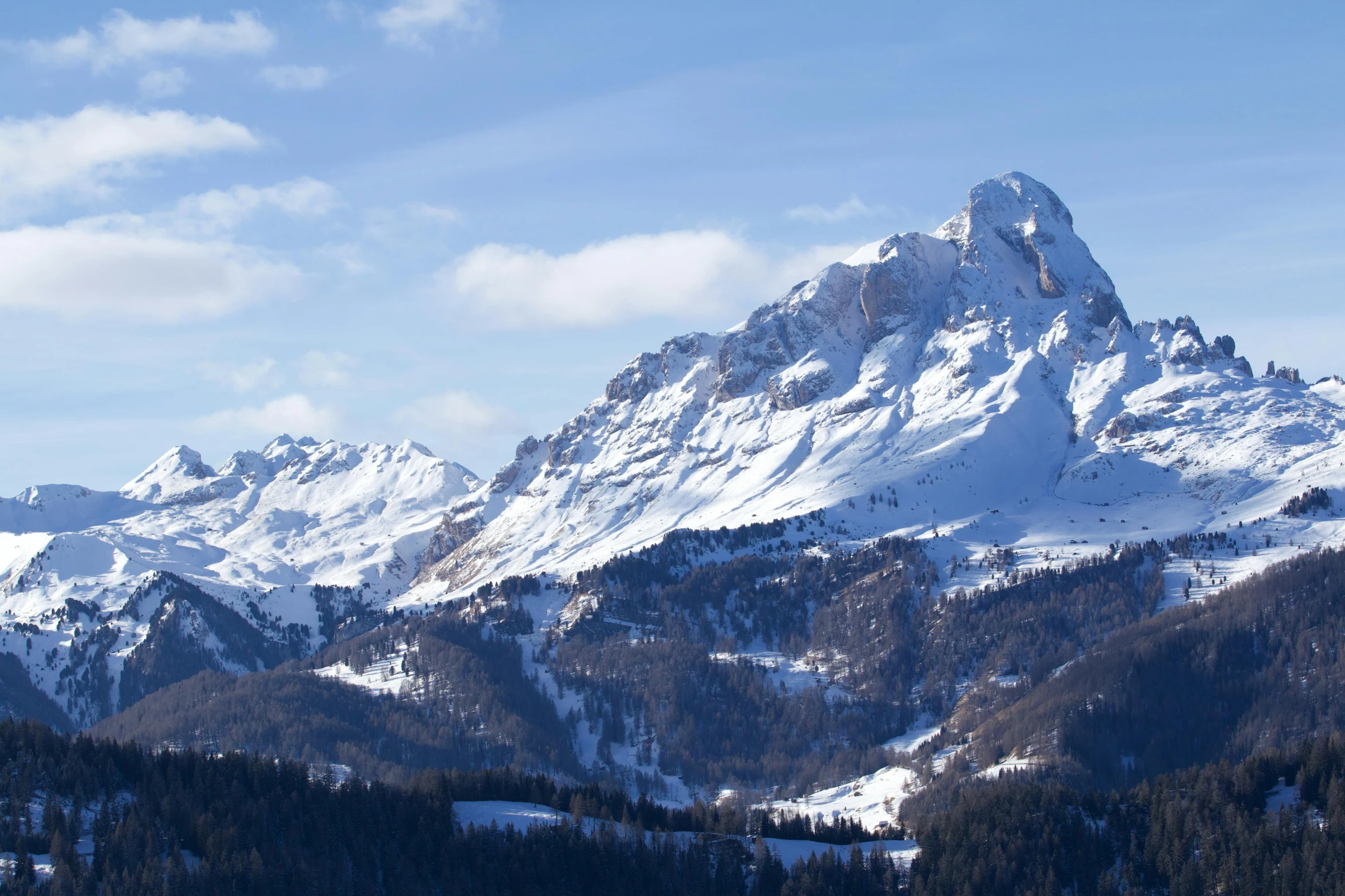 some snow trees and mountains under a blue sky