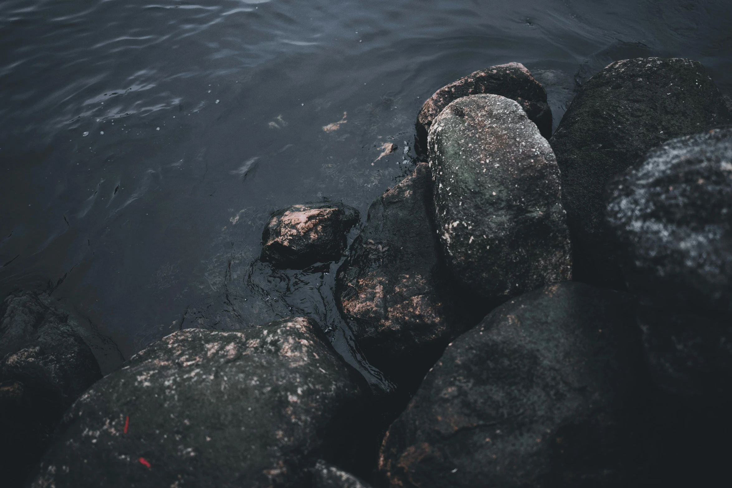 rocks on a shore next to water, with water in the middle