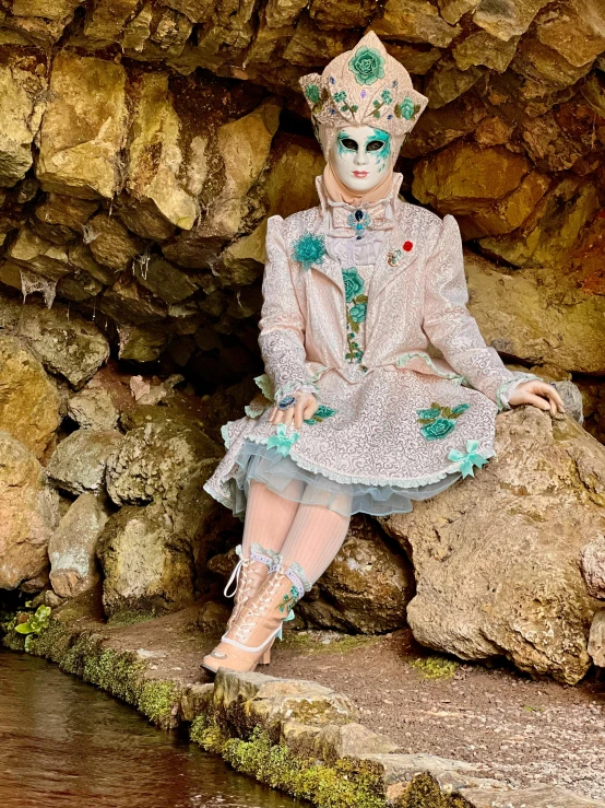 the woman in the costume is sitting on rocks