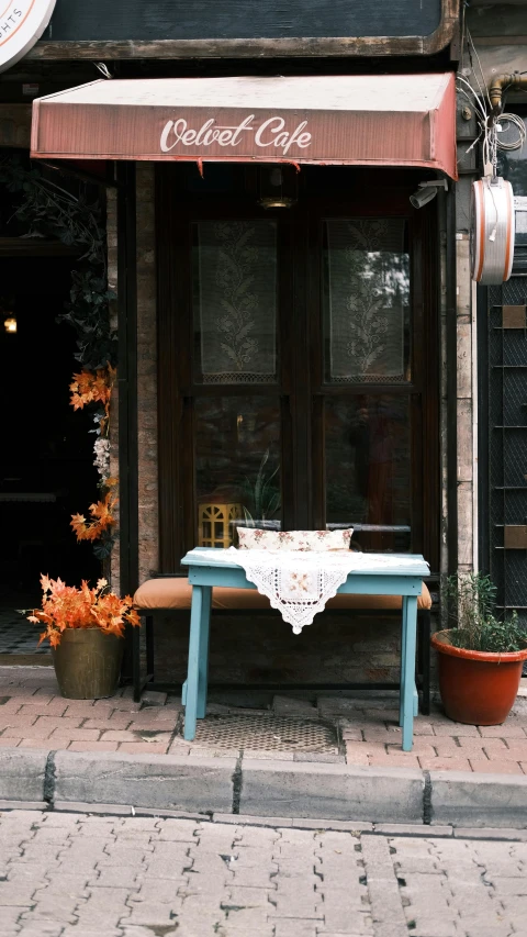 a blue bench and a flower pot in front of a shop