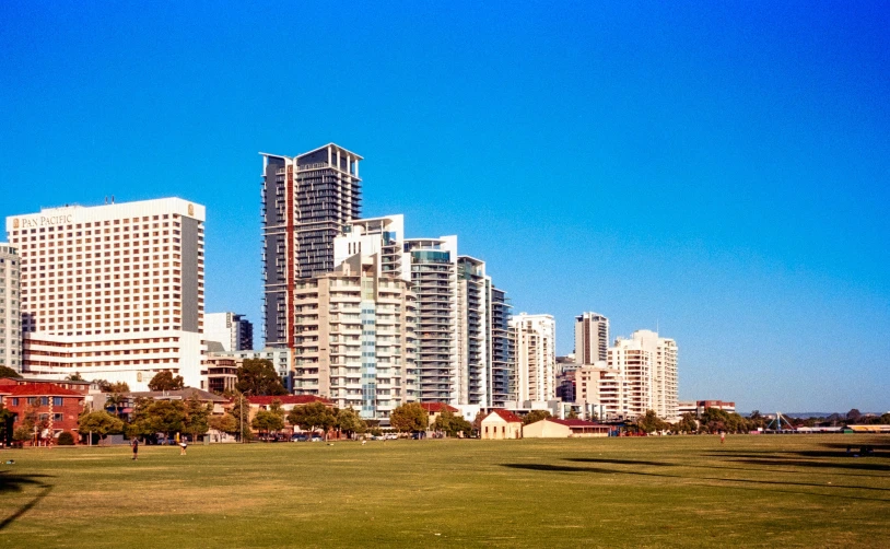 a grassy park with people and buildings in the background