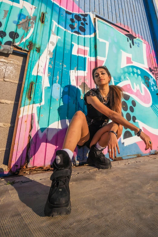 the young woman is posing for a po near graffiti