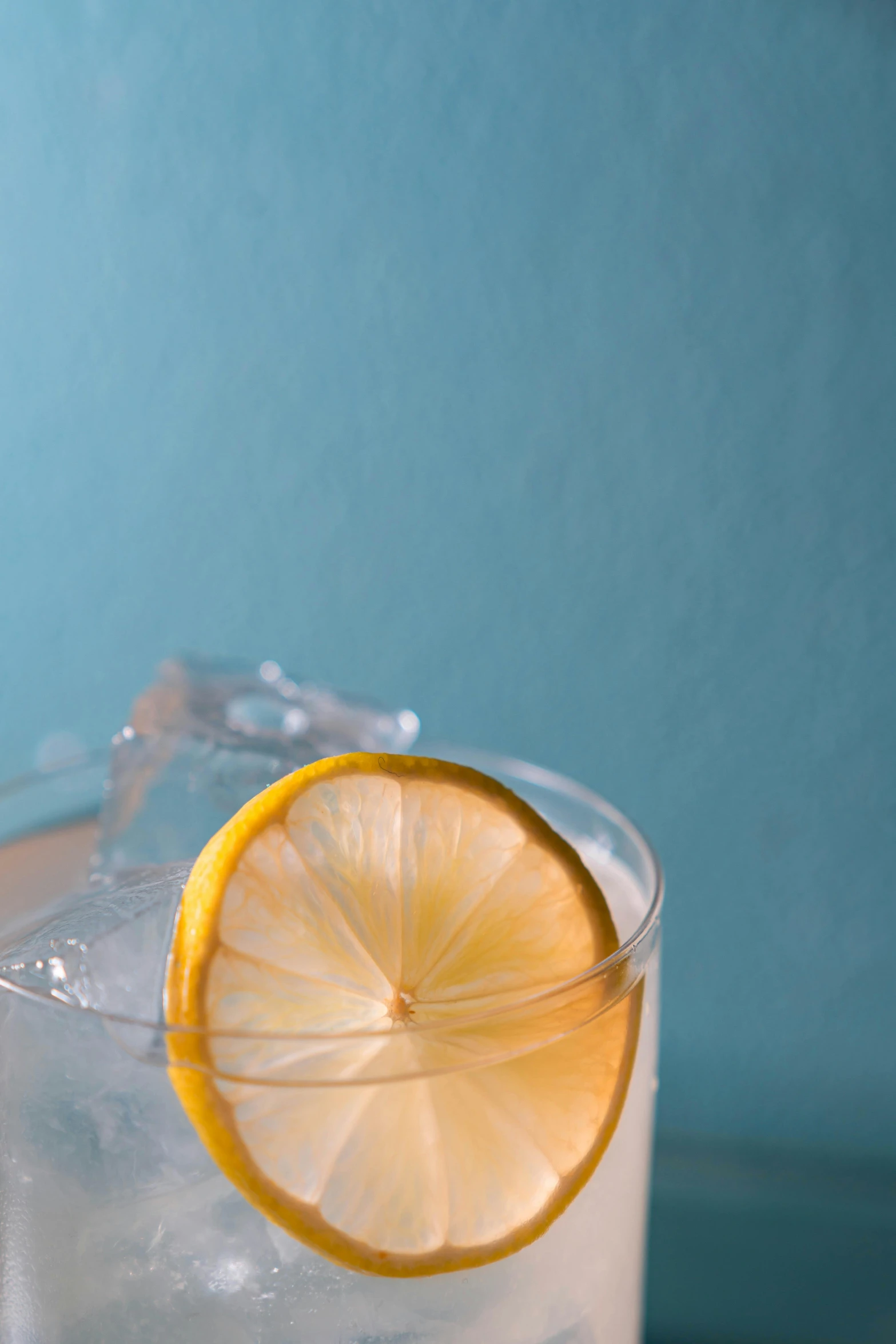 a sliced lemon sits in the water with ice