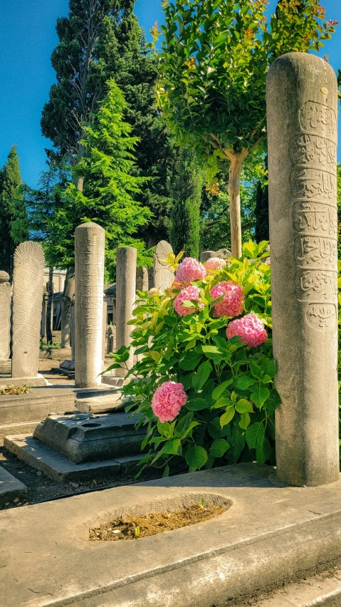 a garden with flowers sitting next to a stone structure