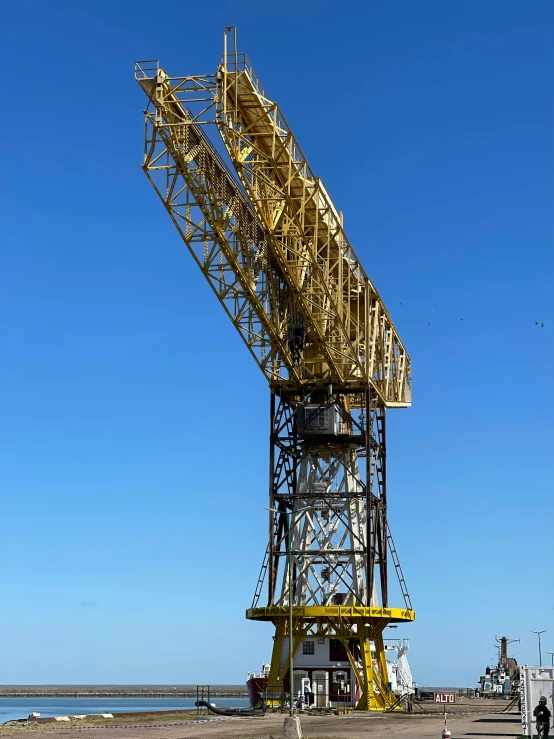 a yellow and white crane standing by water