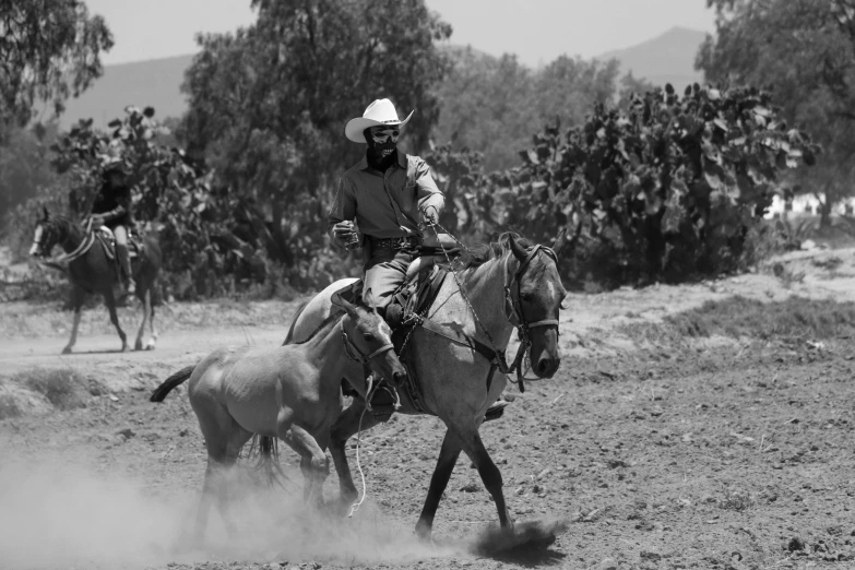 two cowboys riding horses in the middle of a field