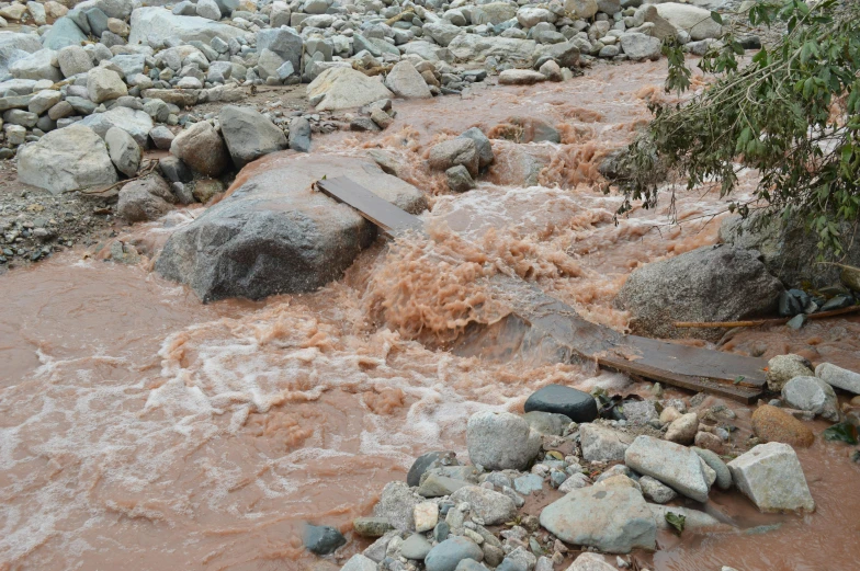 a wooden bridge crossing over muddy water