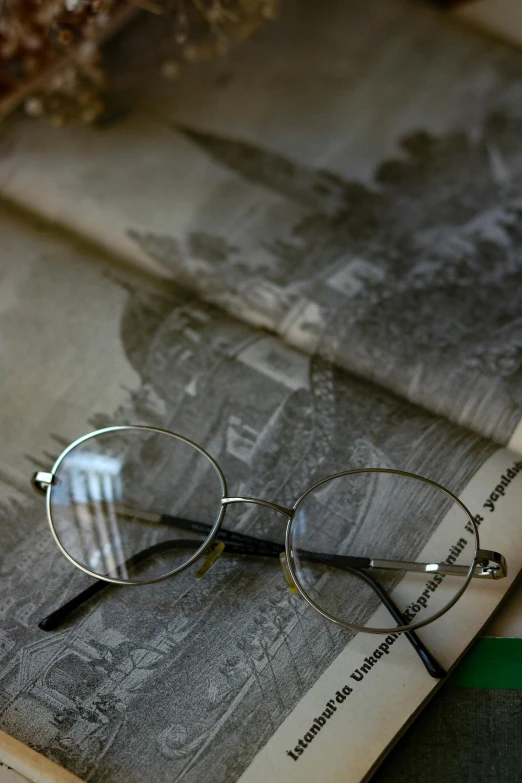 pair of glasses sitting on top of an open book