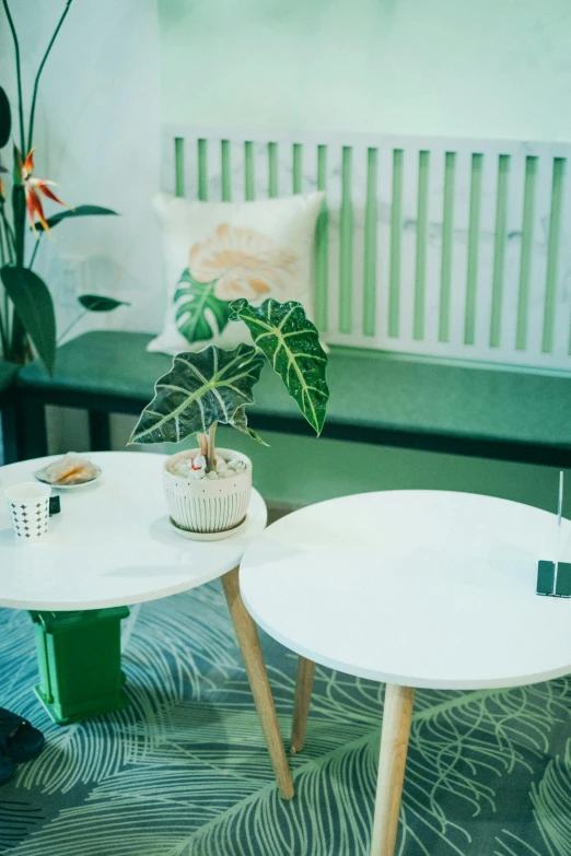 a couple of small tables are sitting on a rug