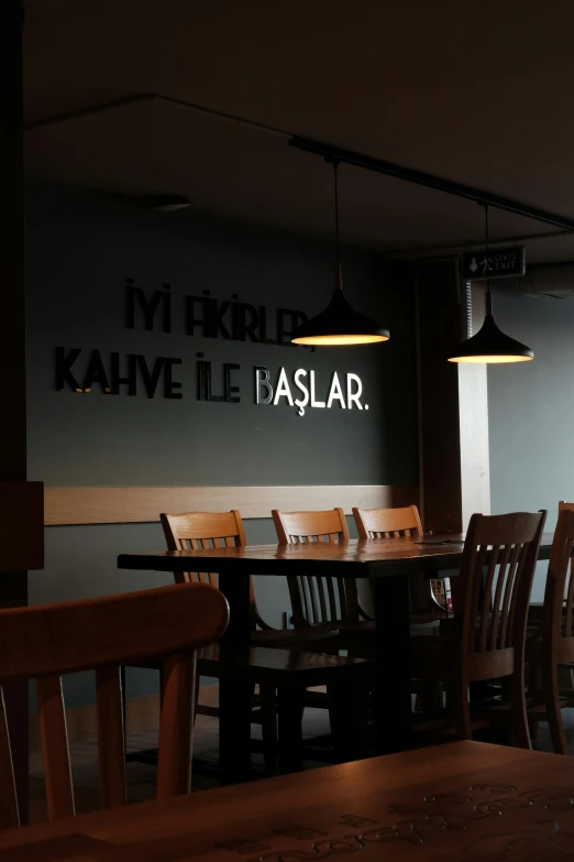 a dimly lit restaurant dining room table and chairs