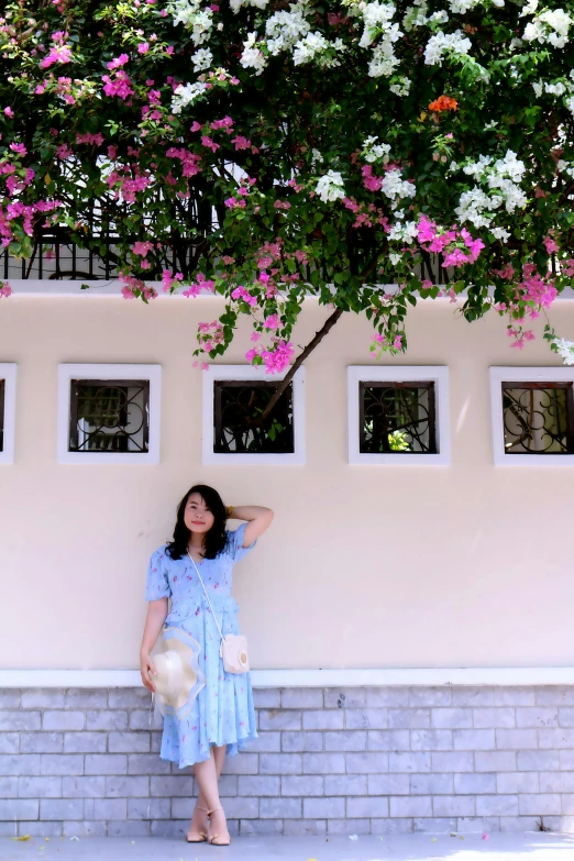 the woman in a dress poses against the wall next to the tree