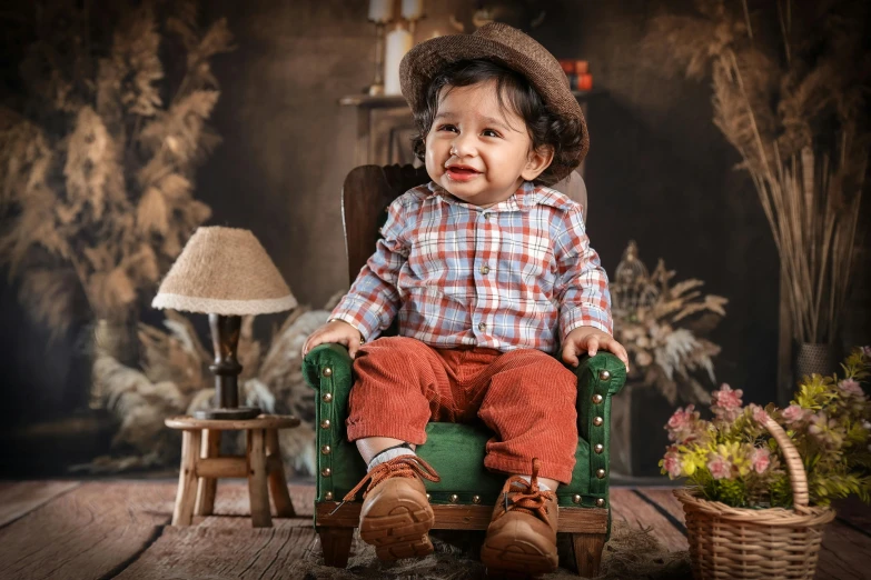 a baby sits in a chair on the floor