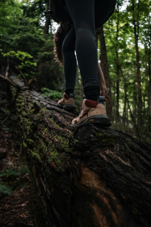 a person wearing warm winter clothes climbing down a log