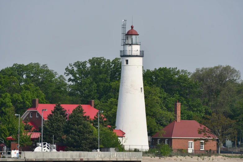 a very tall white lighthouse in the middle of the woods