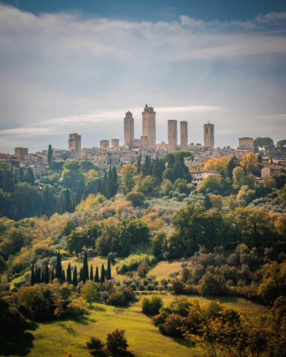 view of city from above on a hillside surrounded by trees