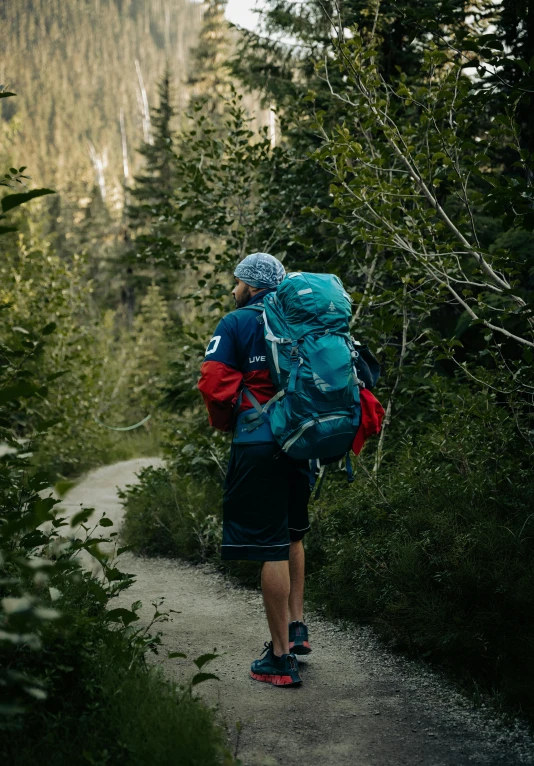 a person with a back pack is hiking up a trail