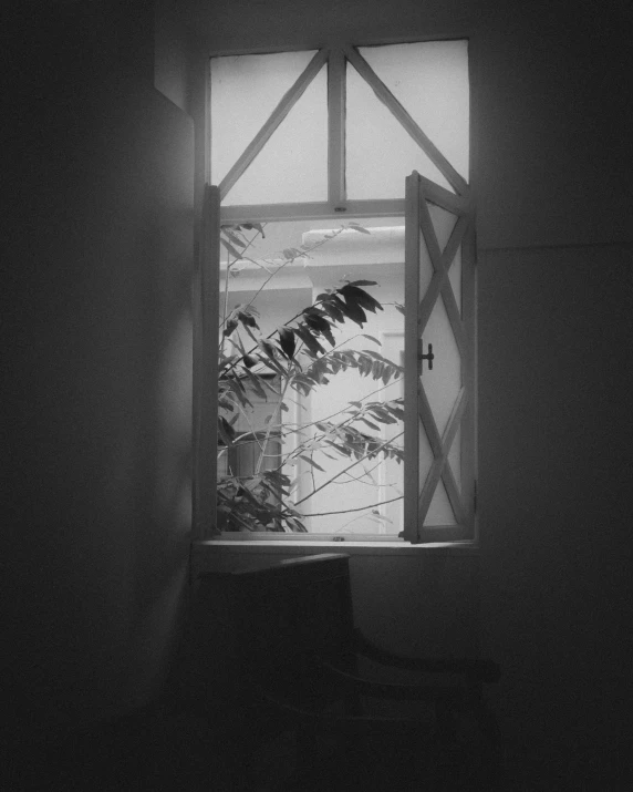 a black and white po of an open window