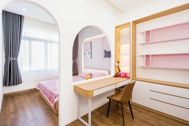 a white desk with mirror, pink and beige furniture and shelves