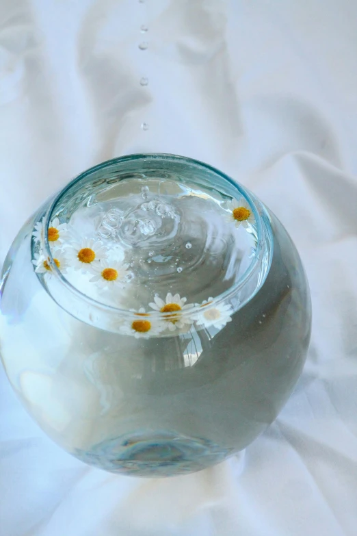 a glass vase on a white cloth has daisies in it