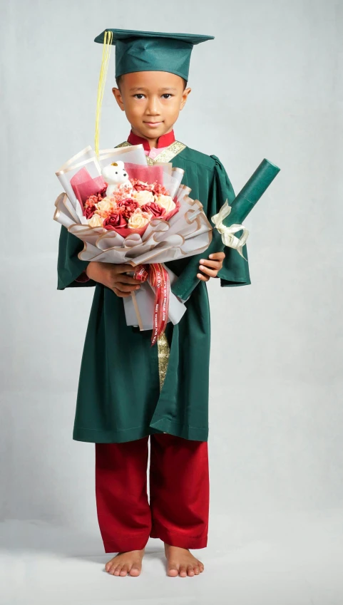 a  in graduation clothes holding flowers