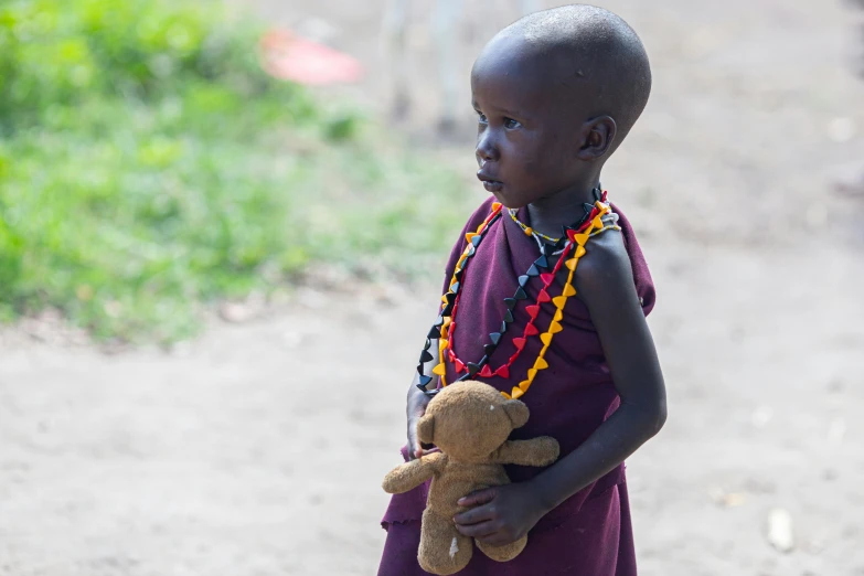 young child in purple dress holding a teddy bear