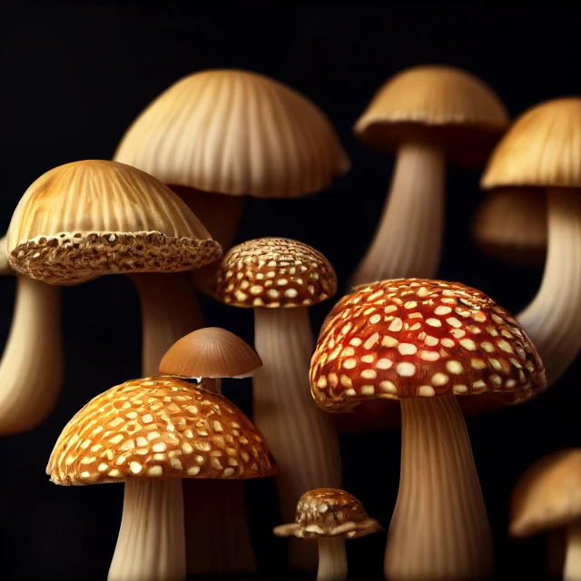a group of little mushrooms in the forest