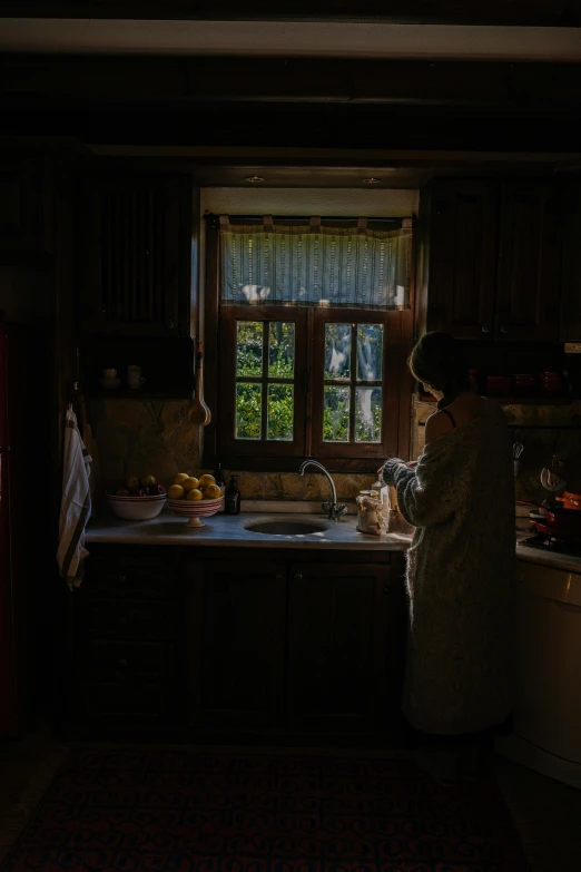 a woman standing in a kitchen preparing food