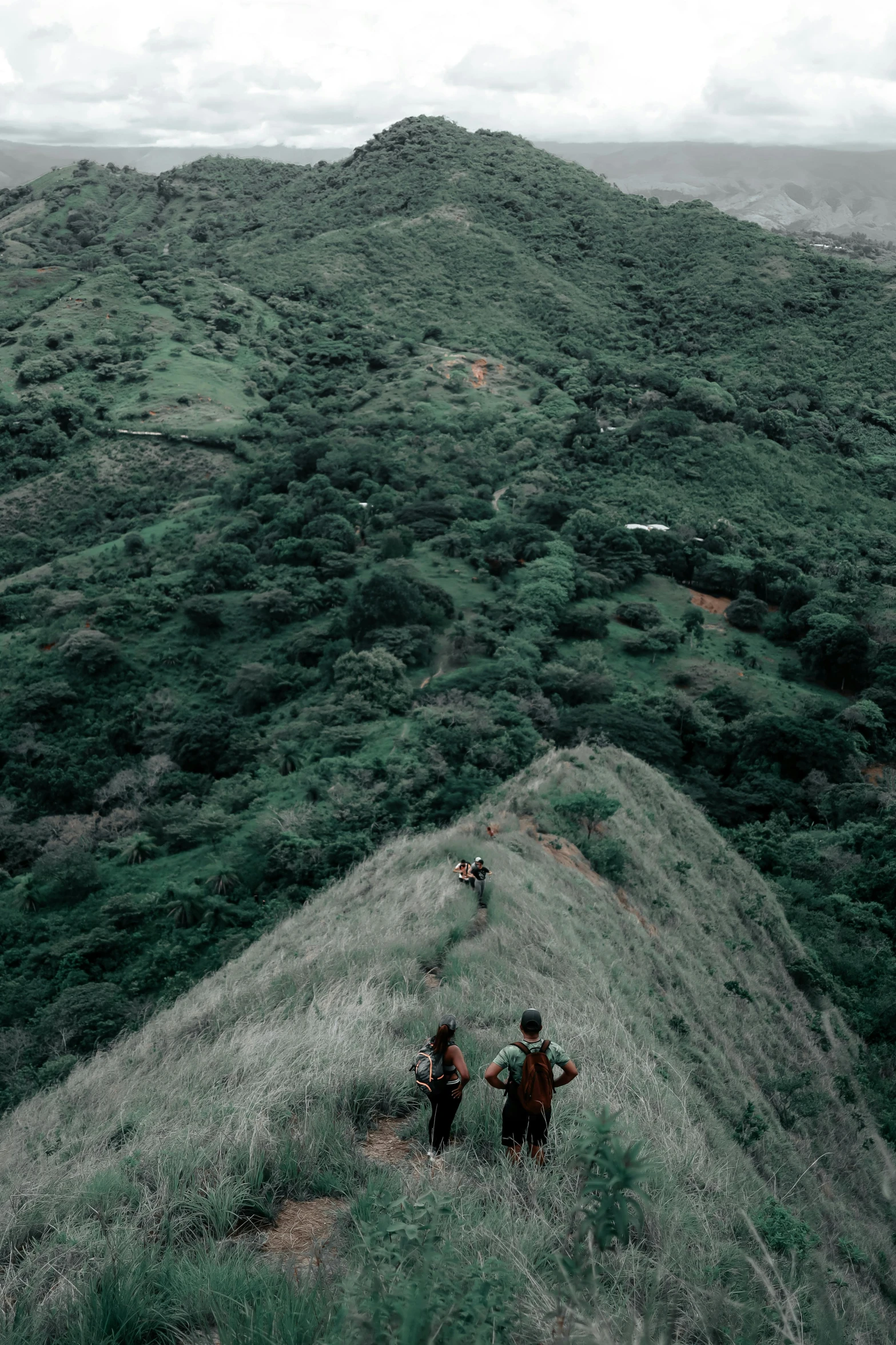 three people are walking on a trail near the hills