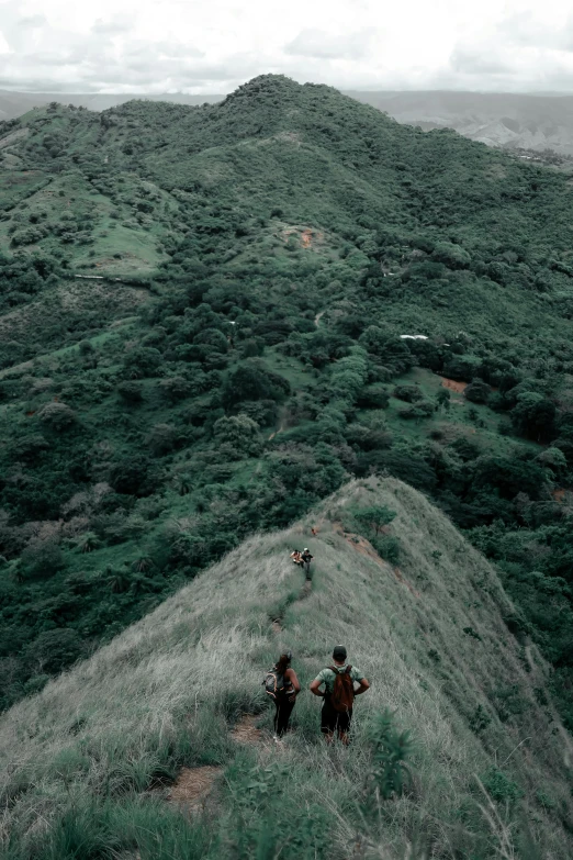 three people are walking on a trail near the hills