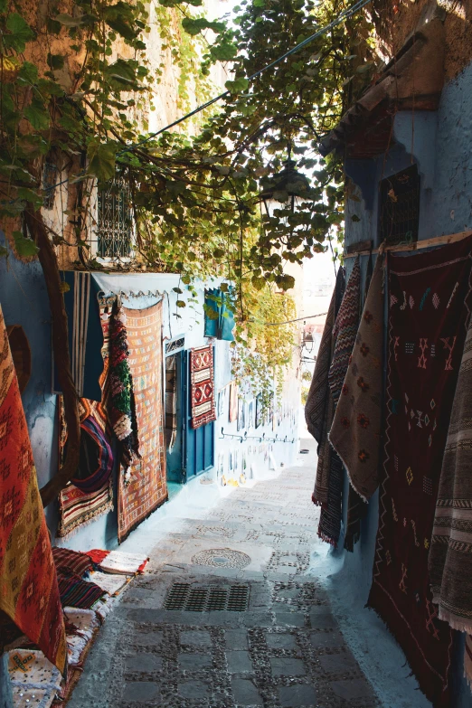 a small alley with carpets lined up against the wall