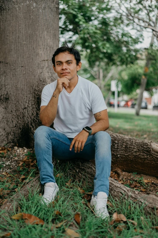 a man sits in the grass beneath a tree