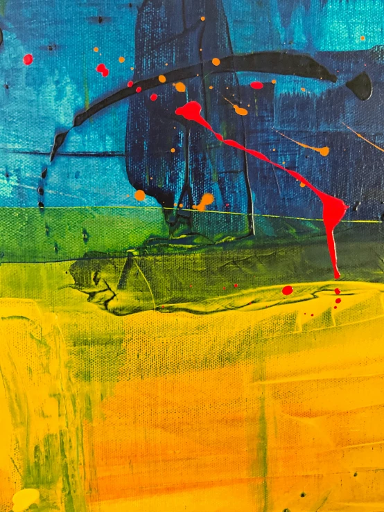 an abstract painting with black and yellow, blue and red colors