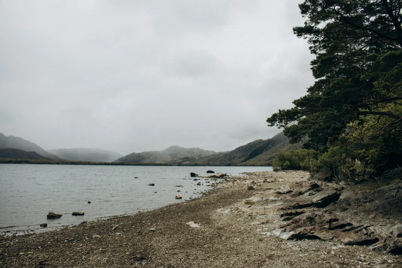 the water on a cloudy day has many rocks and trees