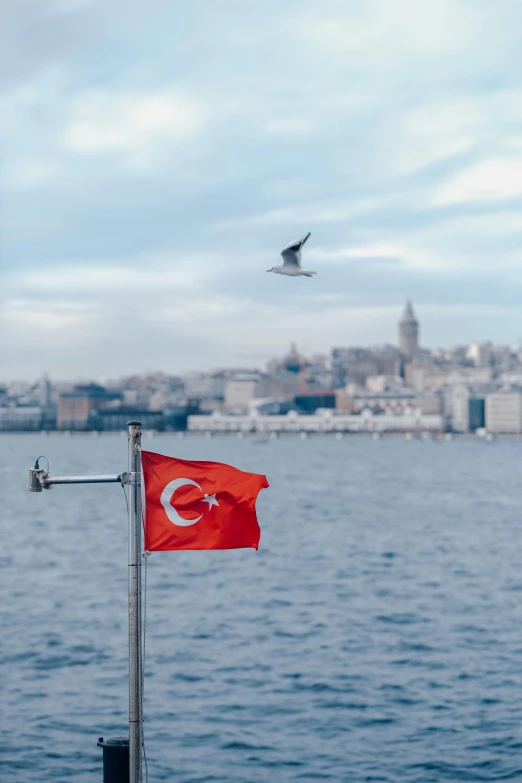 the flag of turkey is flying on a pole