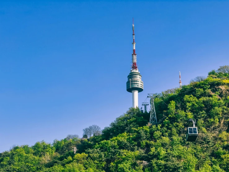 the top of a tower in the background, as seen from the water