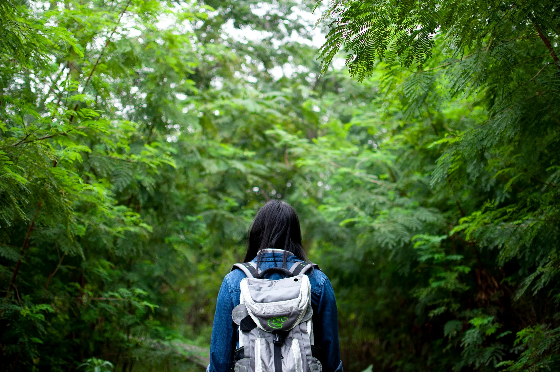 the person with a backpack is walking down a path