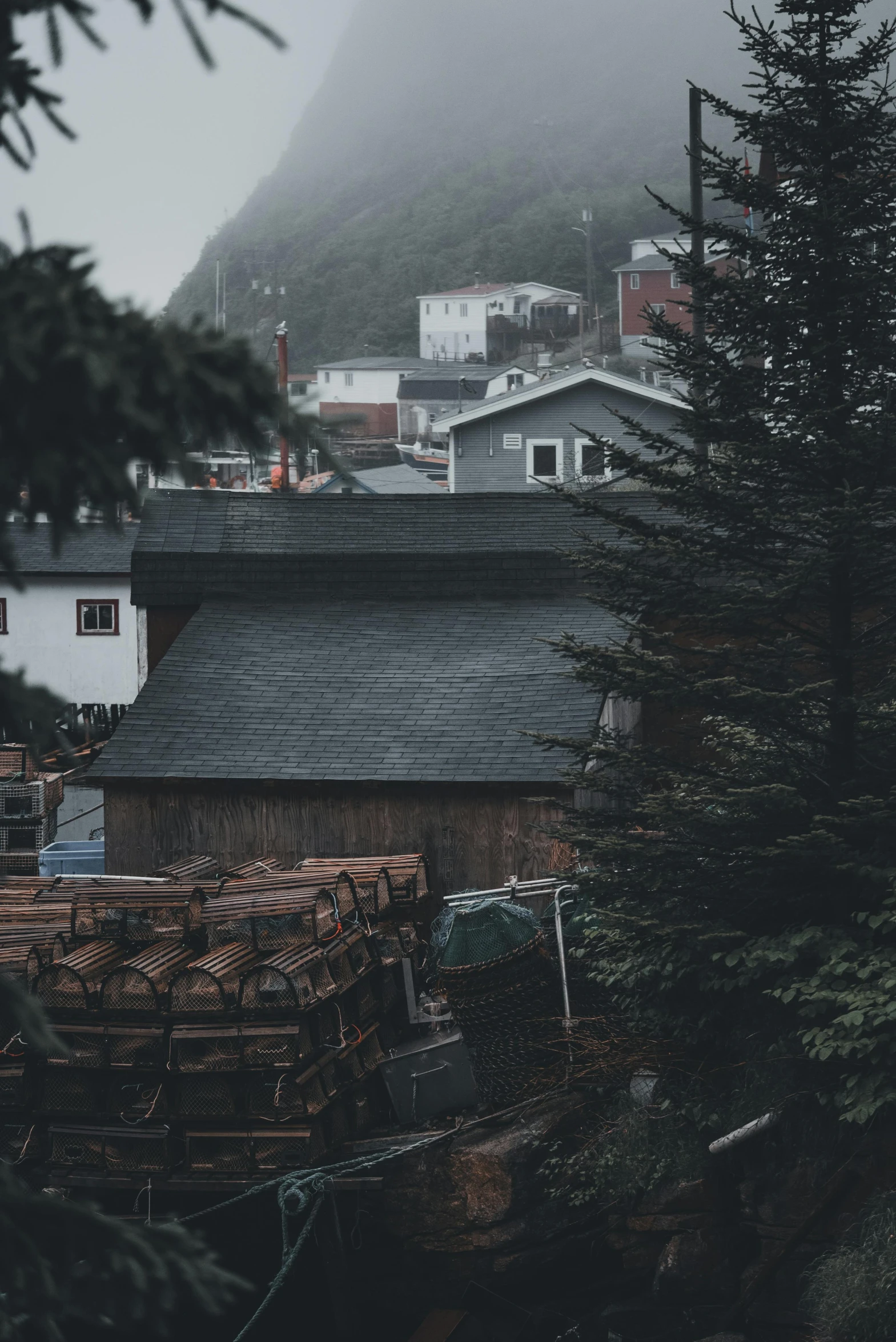 buildings sit along side of a fog covered hillside