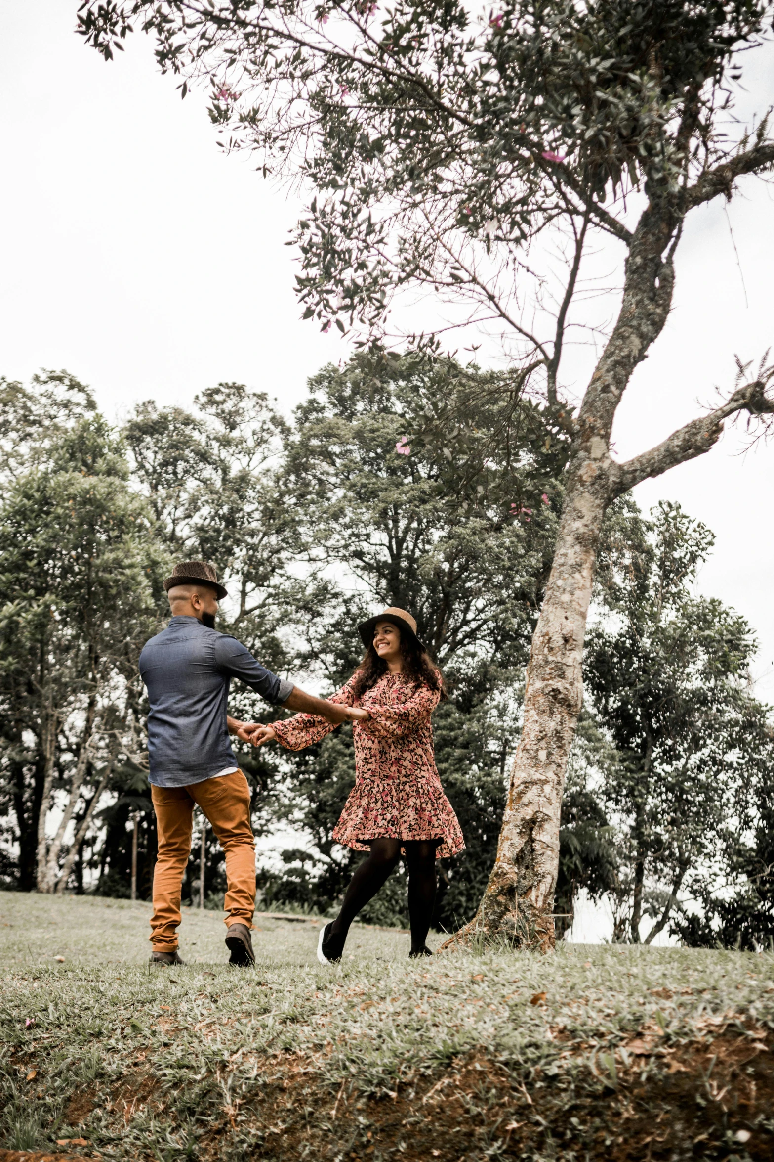 an old man and woman walk beside a tree in the grass