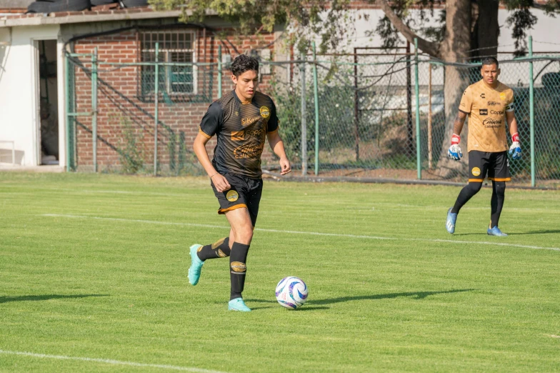 a couple of people on a field playing soccer