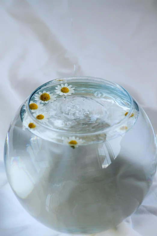 a glass with some daisies inside it sitting on a table