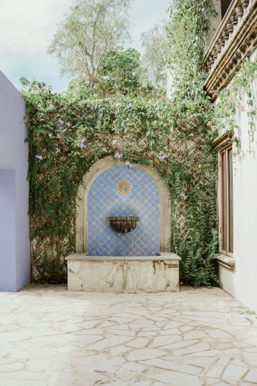 there is a fountain in the courtyard with vines on the wall