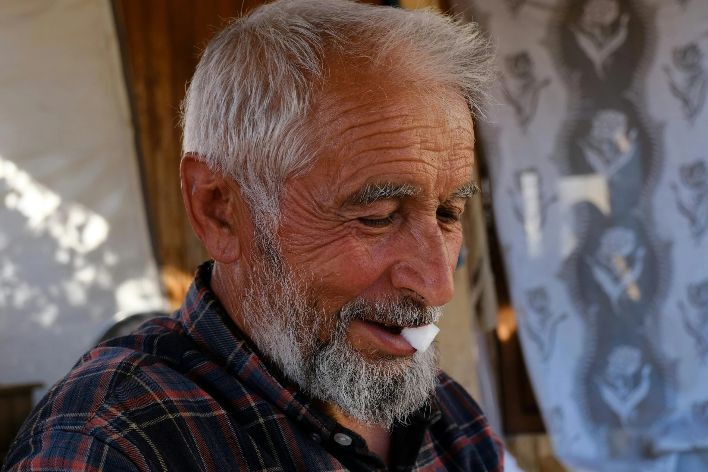 a bearded man with a goatee mustache looking out