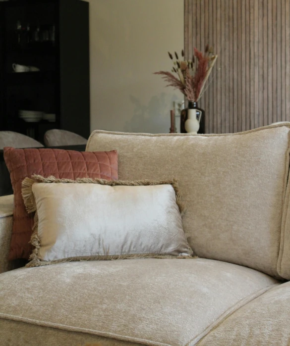 the pillows on this couch are all in different shades of beige